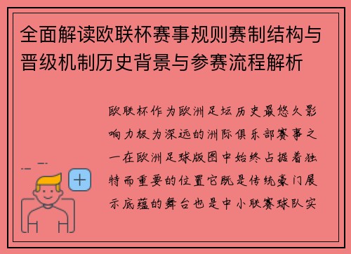 全面解读欧联杯赛事规则赛制结构与晋级机制历史背景与参赛流程解析