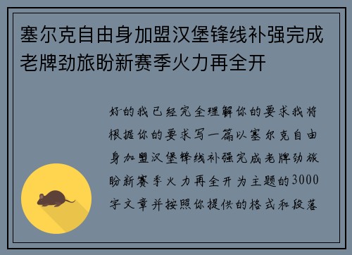 塞尔克自由身加盟汉堡锋线补强完成老牌劲旅盼新赛季火力再全开